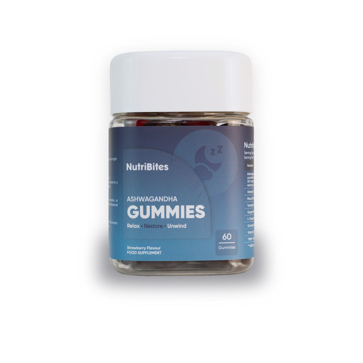 NutriBites Ashwagandha Gummies, strawberry flavour: front of the 60-gummy jar on a white background