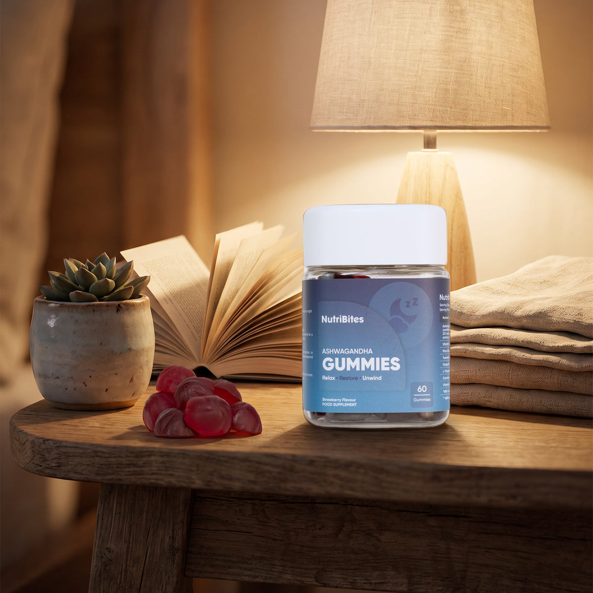 NutriBites Ashwagandha Gummies, strawberry flavour: jar in a second everyday setting