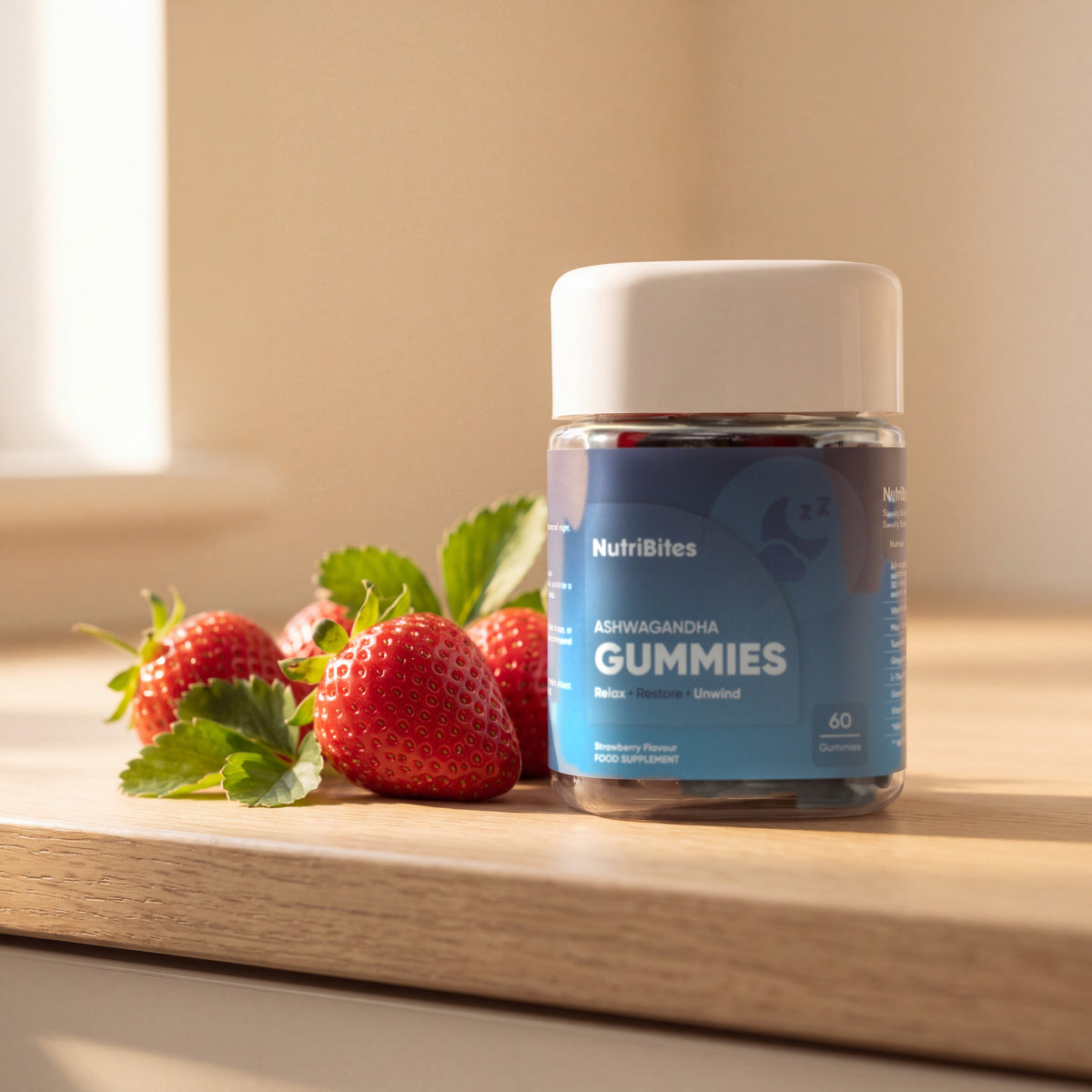 NutriBites Ashwagandha Gummies, strawberry flavour: jar in an everyday setting