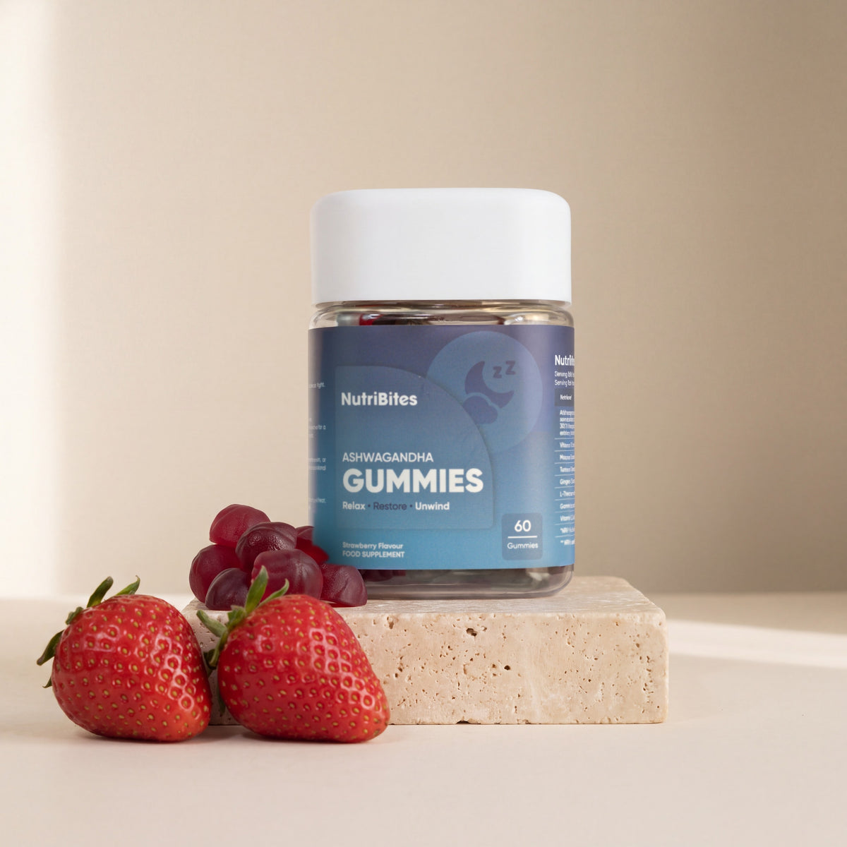 NutriBites Ashwagandha Gummies, strawberry flavour: close-up of the gummies