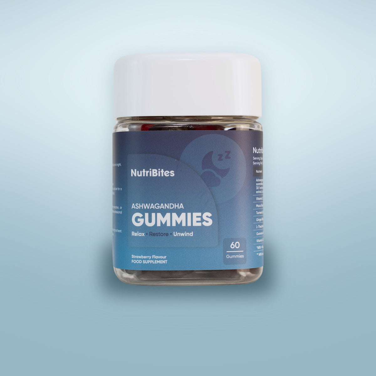 NutriBites Ashwagandha Gummies, strawberry flavour: jar photographed in the studio
