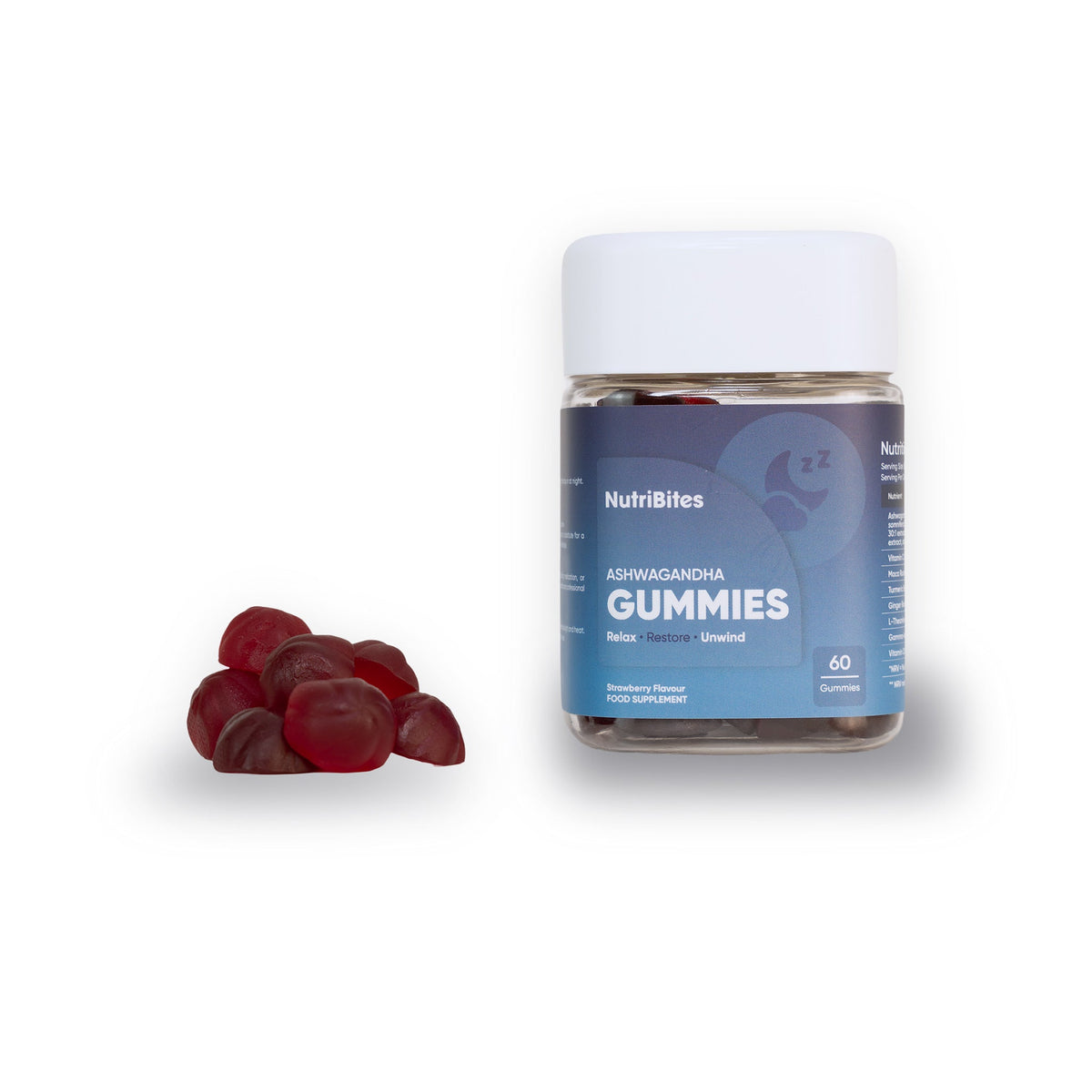NutriBites Ashwagandha Gummies, strawberry flavour: jar with the gummies shown beside it