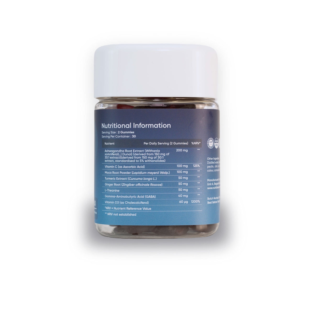 NutriBites Ashwagandha Gummies, strawberry flavour: label showing nutrition information per 2 gummies
