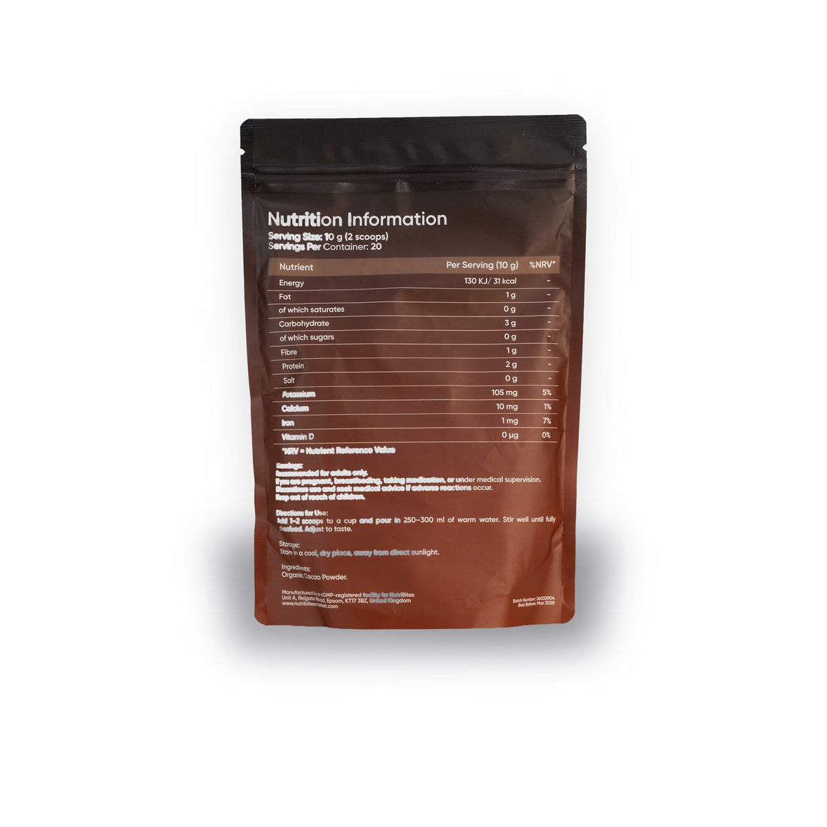Cacao Powder Hot Chocolate – nutritional information
