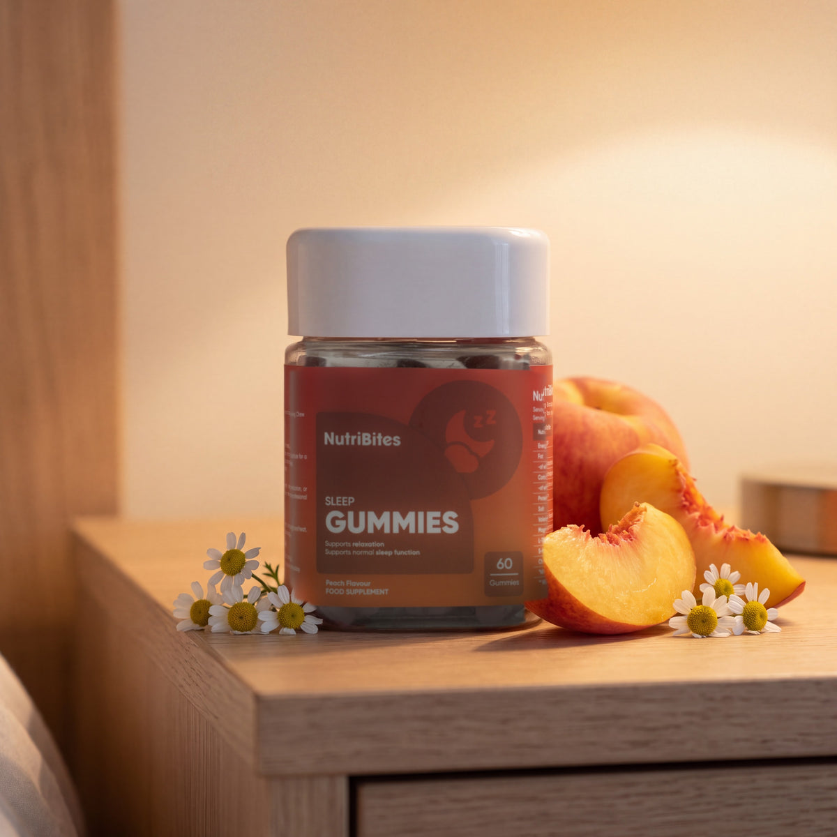 NutriBites Magnesium Gummies with Chamomile, peach flavour: jar in an everyday setting