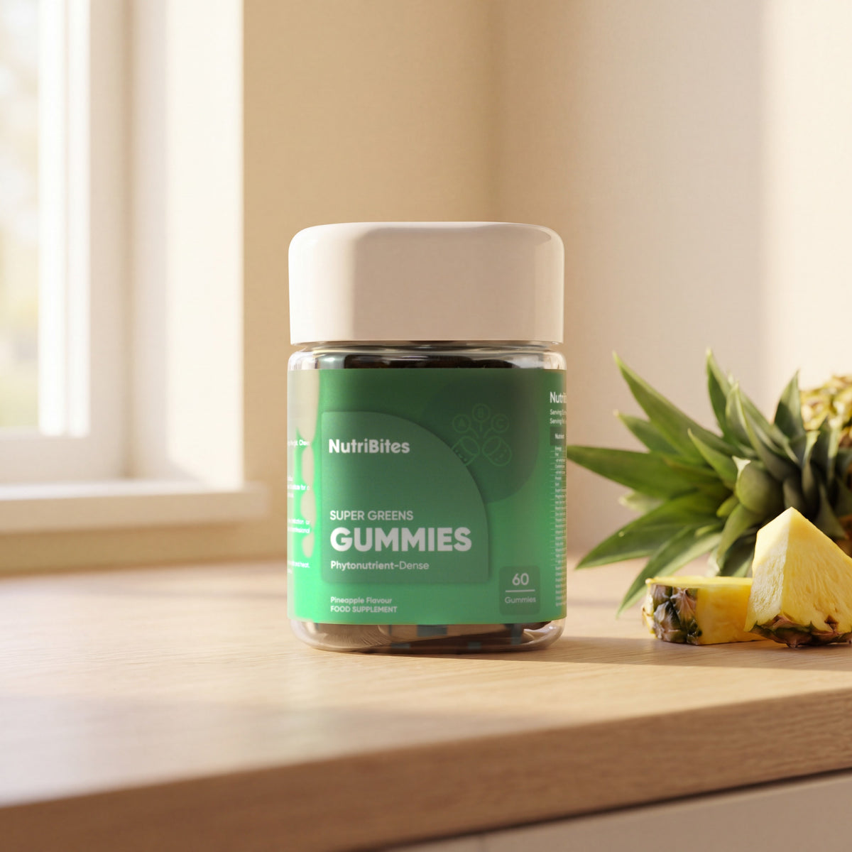 NutriBites Super Greens Gummies, pineapple flavour: jar in an everyday setting