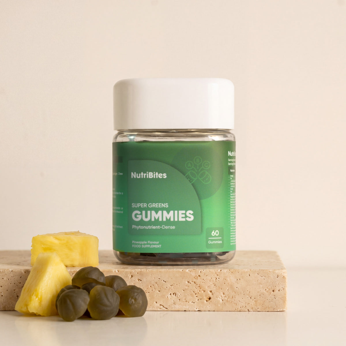 NutriBites Super Greens Gummies, pineapple flavour: close-up of the gummies