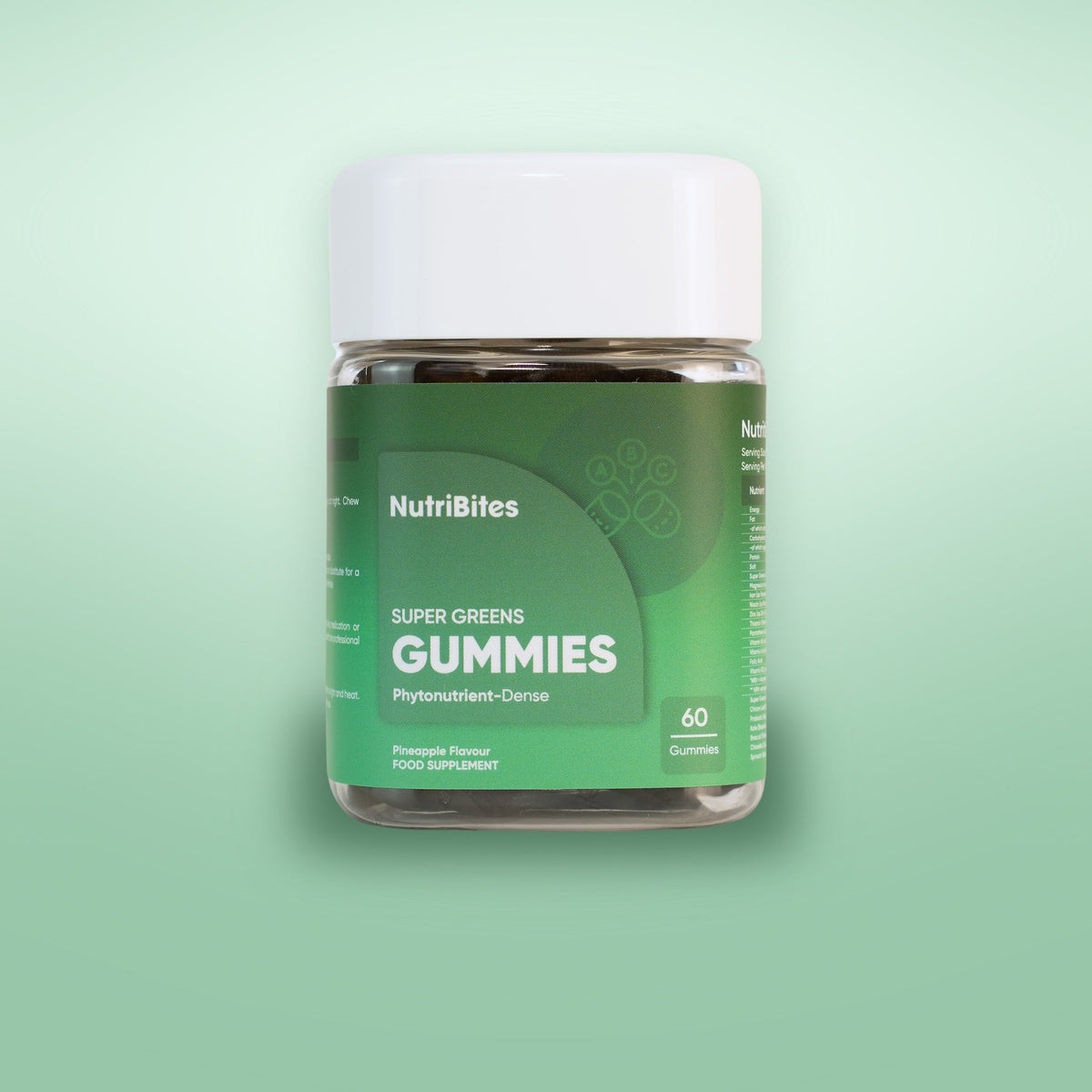NutriBites Super Greens Gummies, pineapple flavour: jar photographed in the studio
