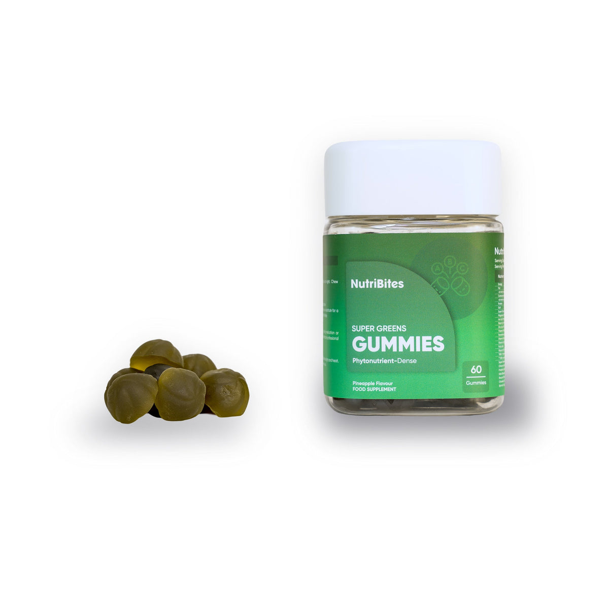 NutriBites Super Greens Gummies, pineapple flavour: jar with the gummies shown beside it