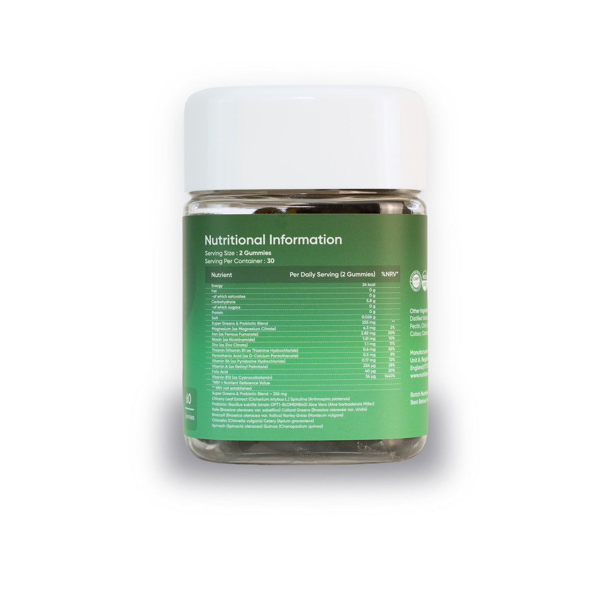 NutriBites Super Greens Gummies, pineapple flavour: label showing nutrition information per 2 gummies